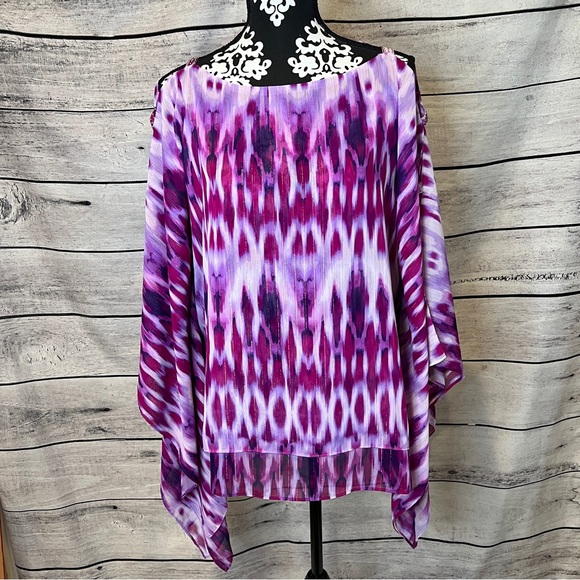 Chico's Fuchsia Purple Ikat Tunic Top Cold Shoulder Gold Thread Uzbek Boho Shawl - Picture 2 of 9